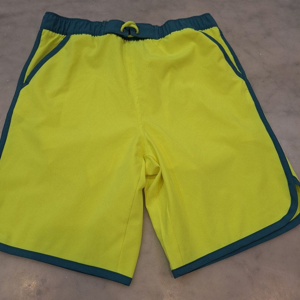 Lands' End Swim Trunks Boys XL 14-16 Yellow Teal Mesh Lined Board Shorts Beach